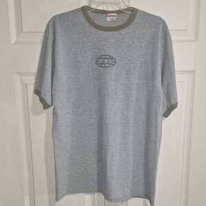 Vintage UNIONBAY Heather Gray Ringer Tee with Olive Trim and Chest Logo - L